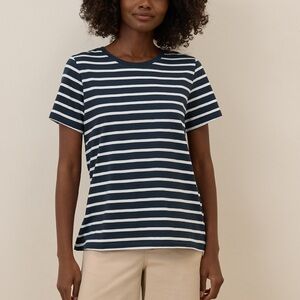 Pact Navy and White Striped Short Sleeve Tee